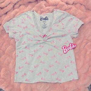 NWT Barbie Logo  Gray V-Neck Ruched Tee